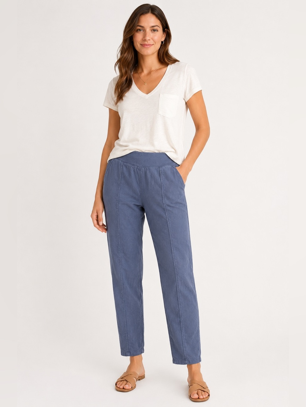Faherty Arlie Pull On Tencel Linen Organic Cotton Pants Blue Gray Size L - Picture 1 of 5